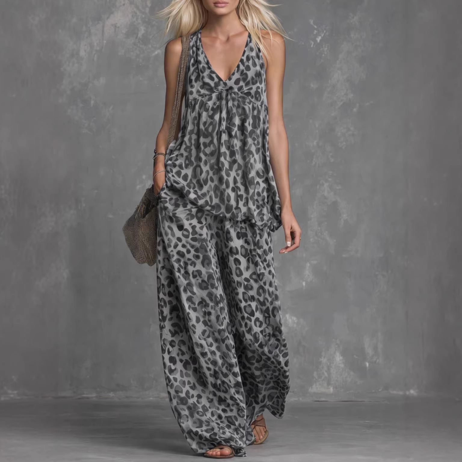 Womens Loose-Fitting Leopard-Print Sleeveless Top And Chiffon Pants Set - Image 6