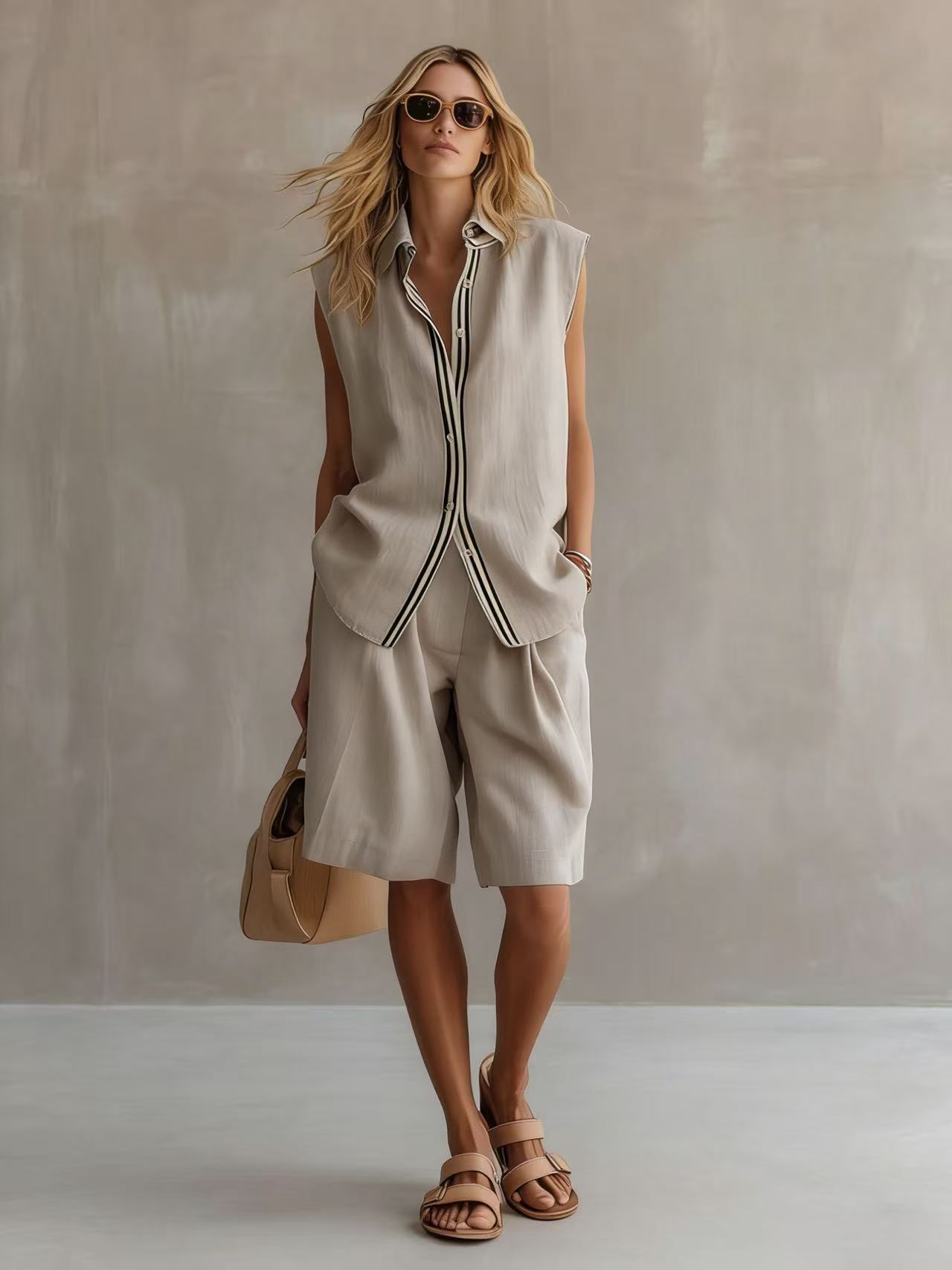 Single-breasted Sleeveless Linen Shirt And Shorts Set - Image 9