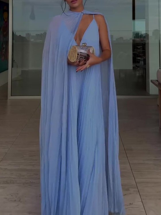 Light Blue Pleated Maxi Dress & Cape Two-piece Set - Image 5