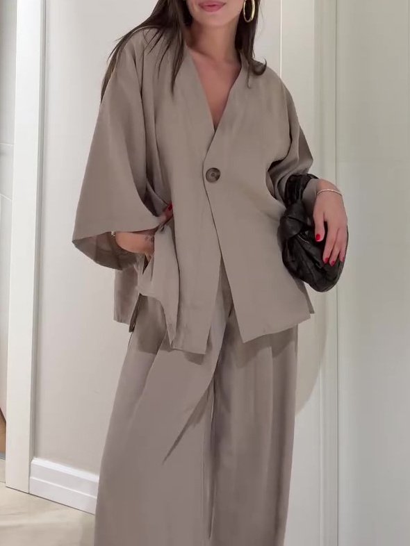 Solid Color Single Button Top And Pants Set - Image 5