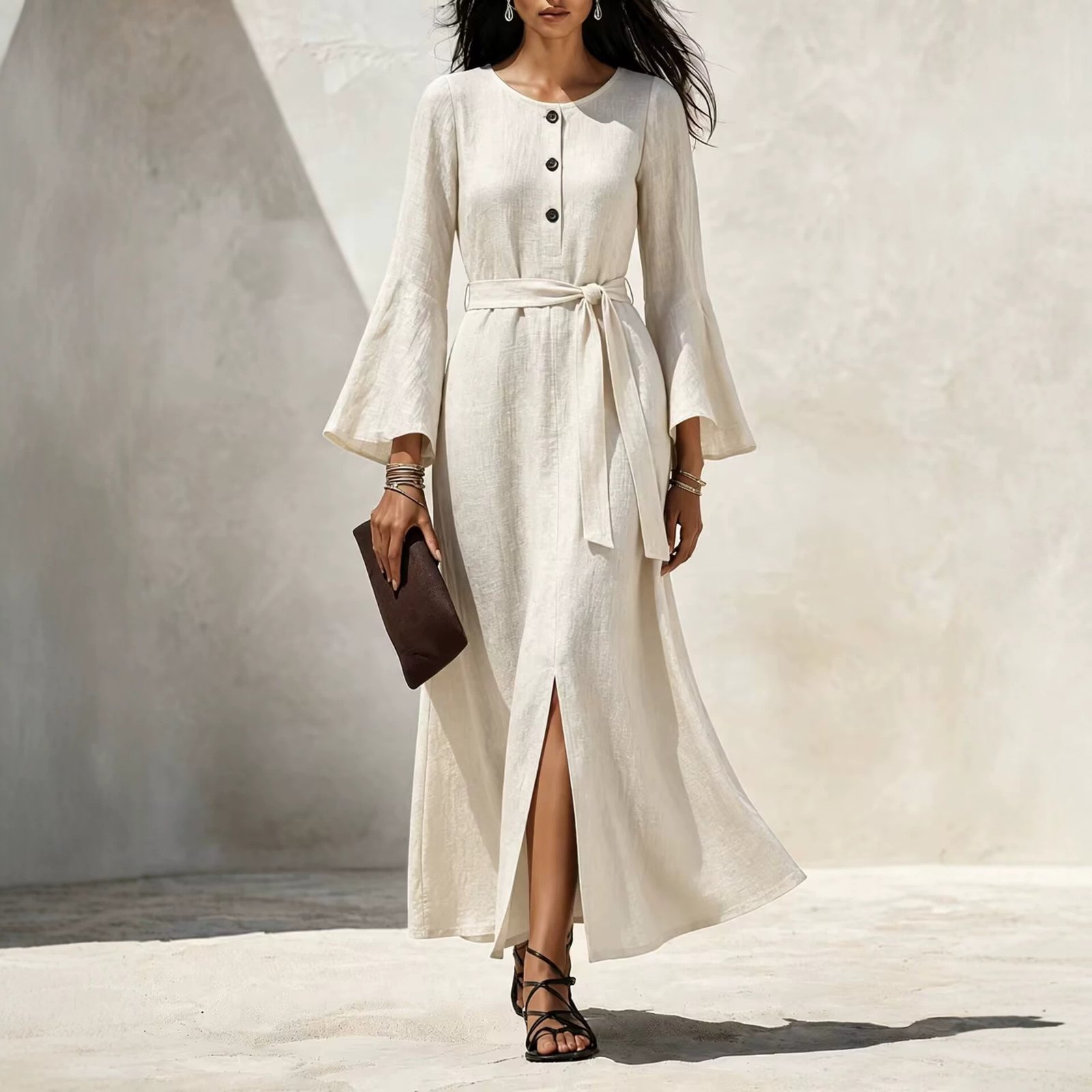 Womens Casual Cotton-linen Dress With Flared Sleeves - Image 8