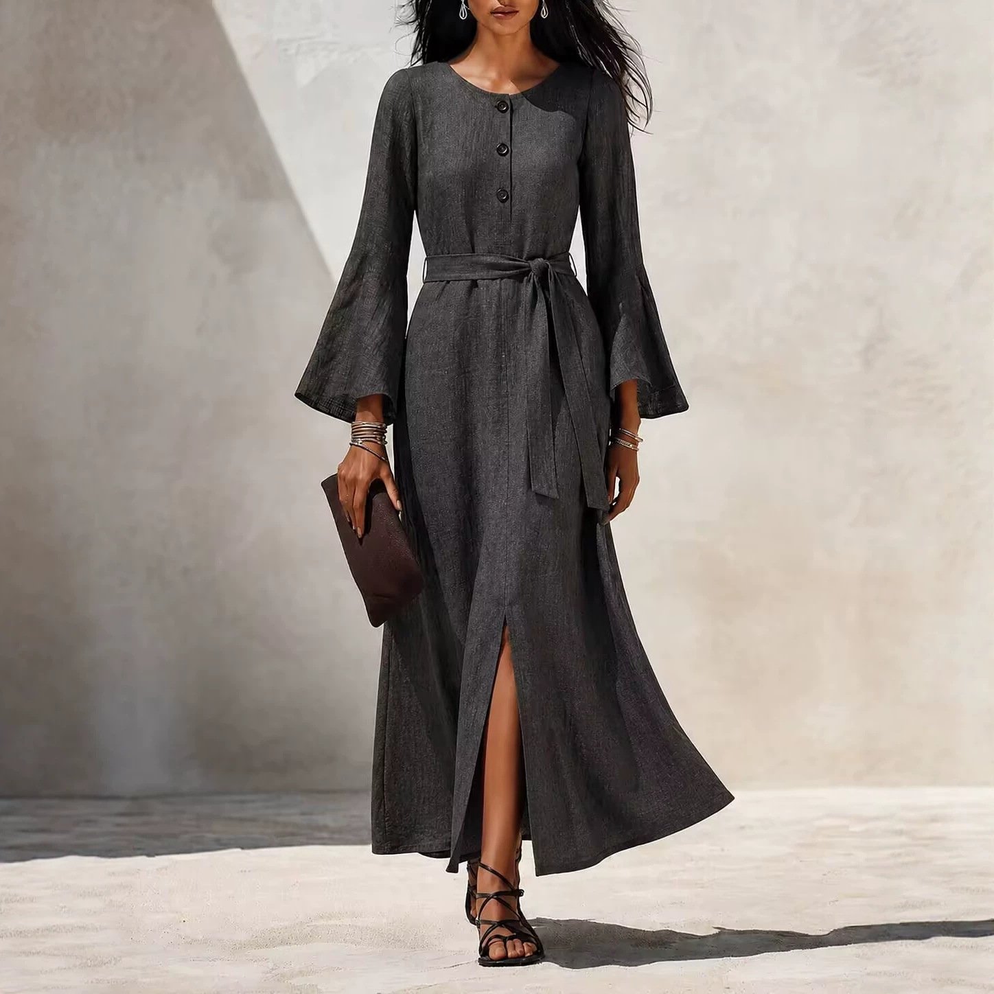 Womens Casual Cotton-linen Dress With Flared Sleeves - Image 4