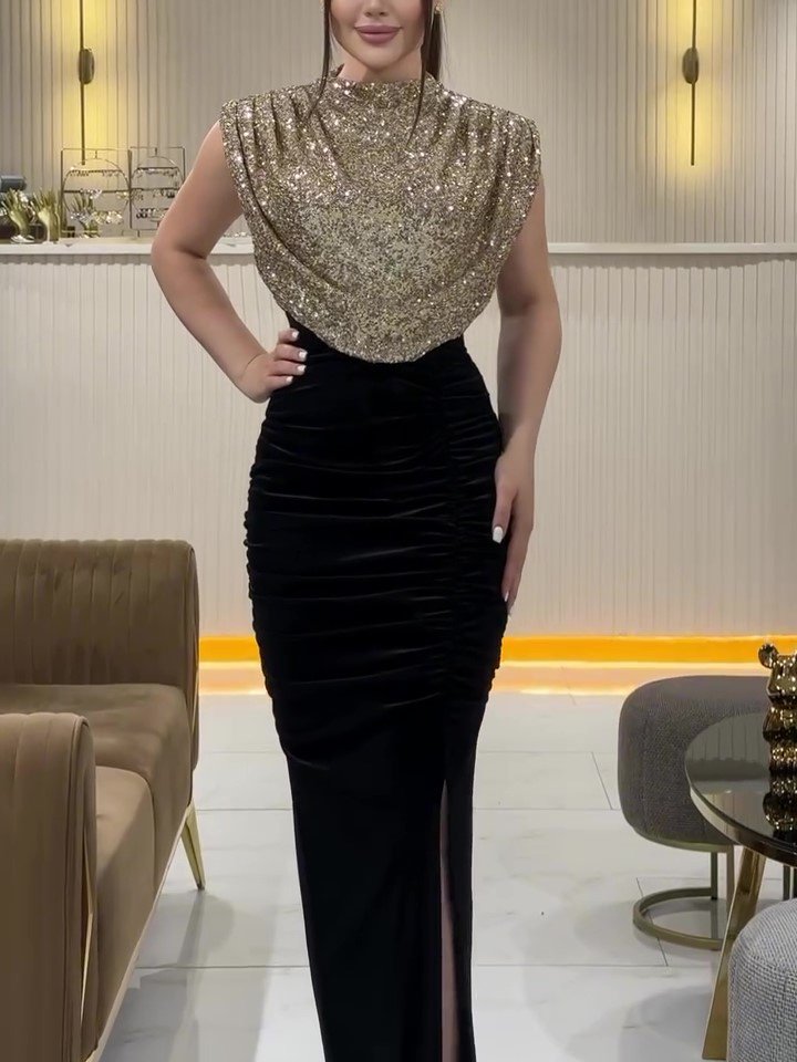 Elegant Velvet Paneled Sequin Slit Evening Dress - Image 3