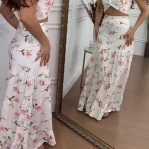 Floral Print Twist Crop Top & Ruffle Skirt Set