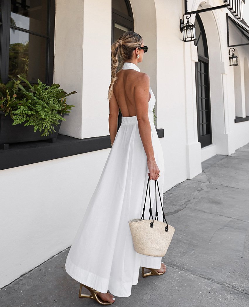 White Cotton Sleeveless Halter Dress - Image 6