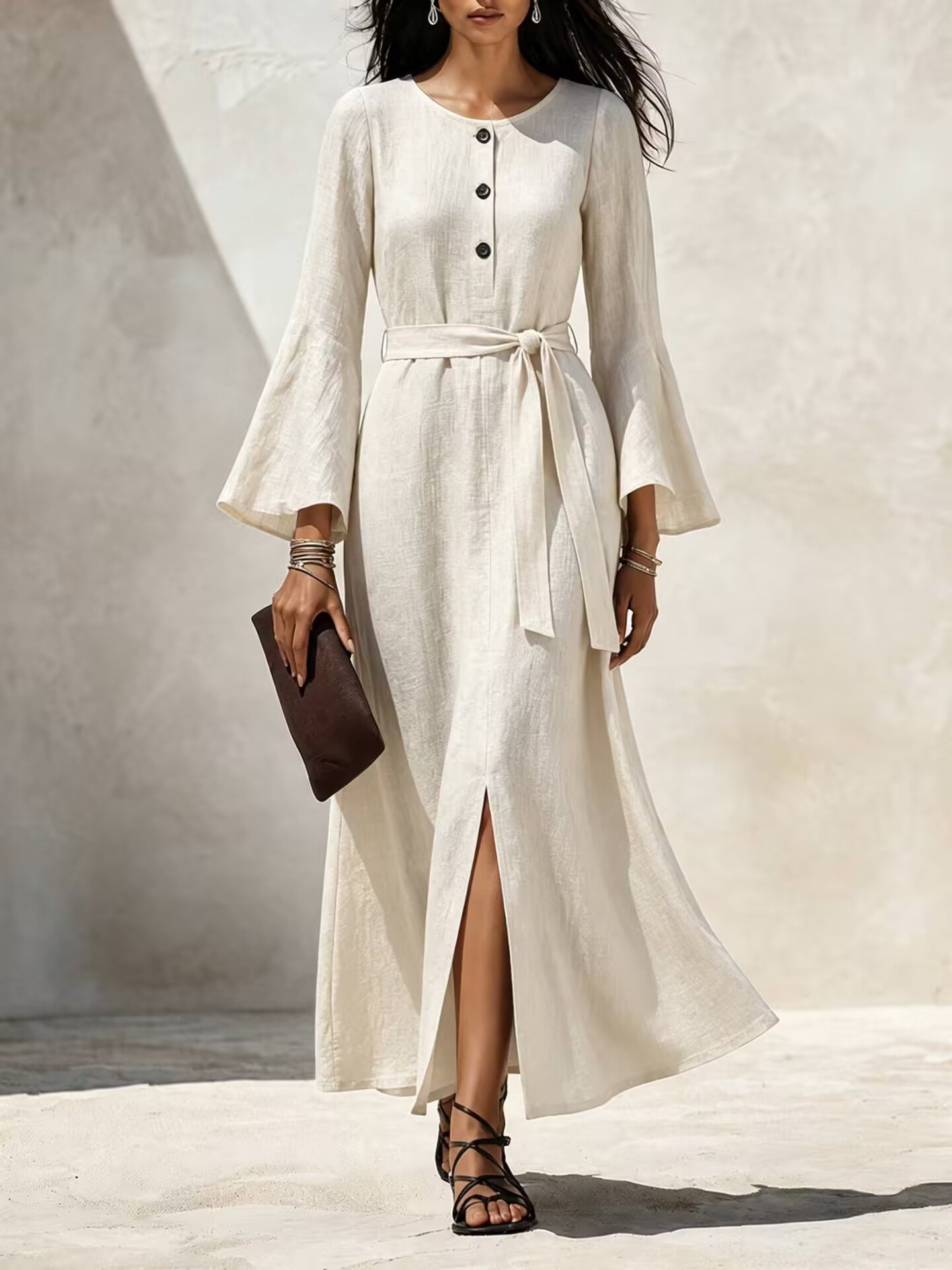 Womens Casual Cotton-linen Dress With Flared Sleeves - Image 7