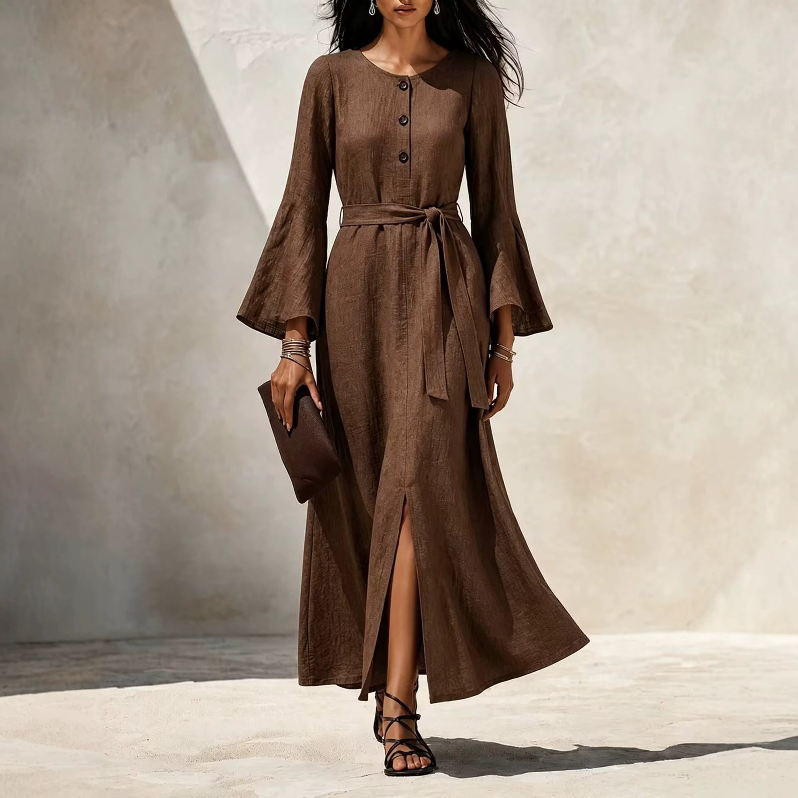Womens Casual Cotton-linen Dress With Flared Sleeves - Image 3