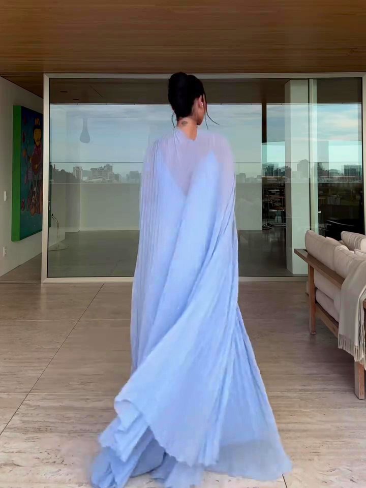 Light Blue Pleated Maxi Dress & Cape Two-piece Set - Image 6