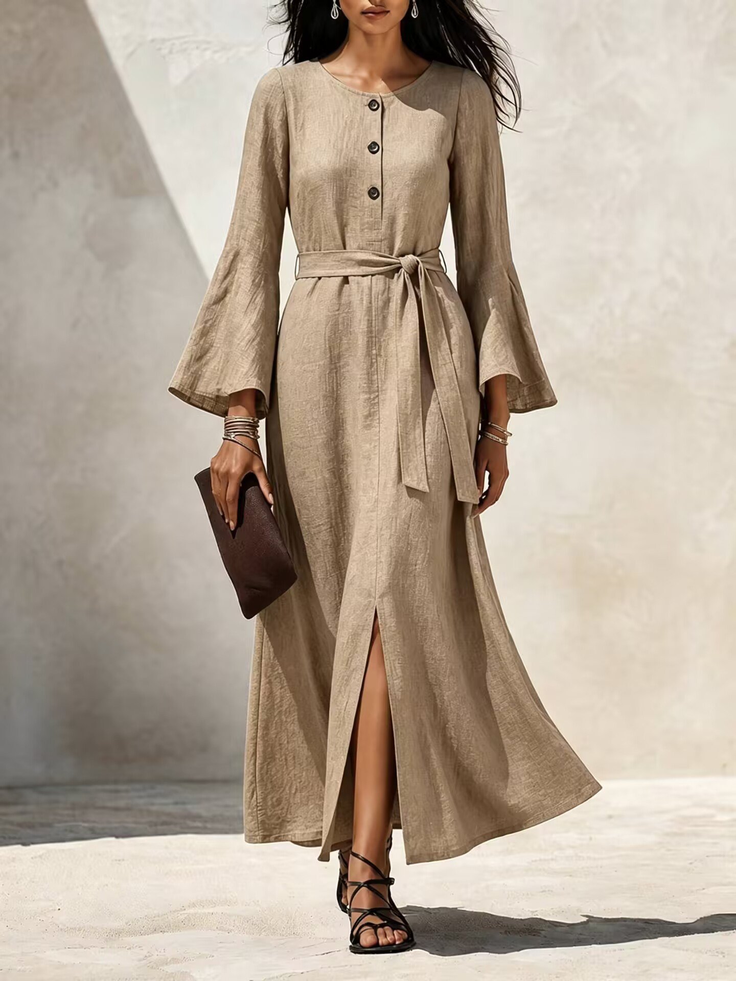 Womens Casual Cotton-linen Dress With Flared Sleeves - Image 5