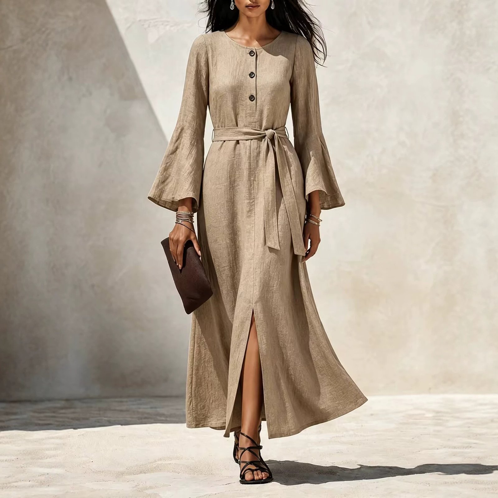 Womens Casual Cotton-linen Dress With Flared Sleeves