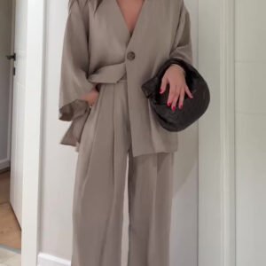 Solid Color Single Button Top And Pants Set