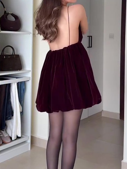 Burgundy Velvet Mini Dress With Plunging Neckline And Flared Silhouette - Image 3
