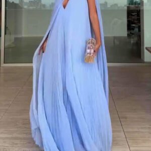 Light Blue Pleated Maxi Dress & Cape Two-piece Set