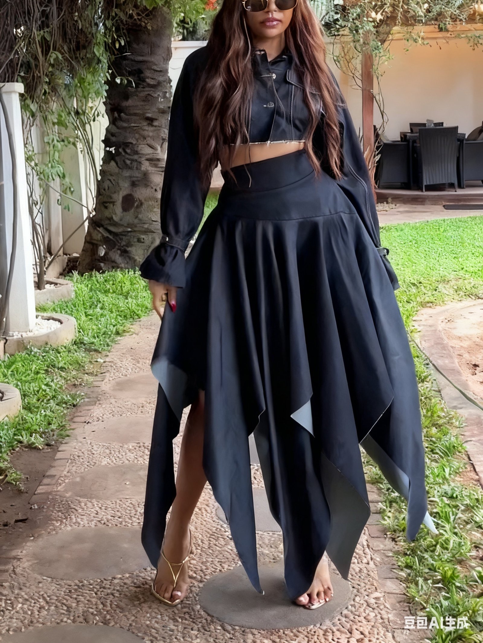 Chic Long-sleeved Cropped Jacket & Irregular Hem Denim Skirt Set - Image 6