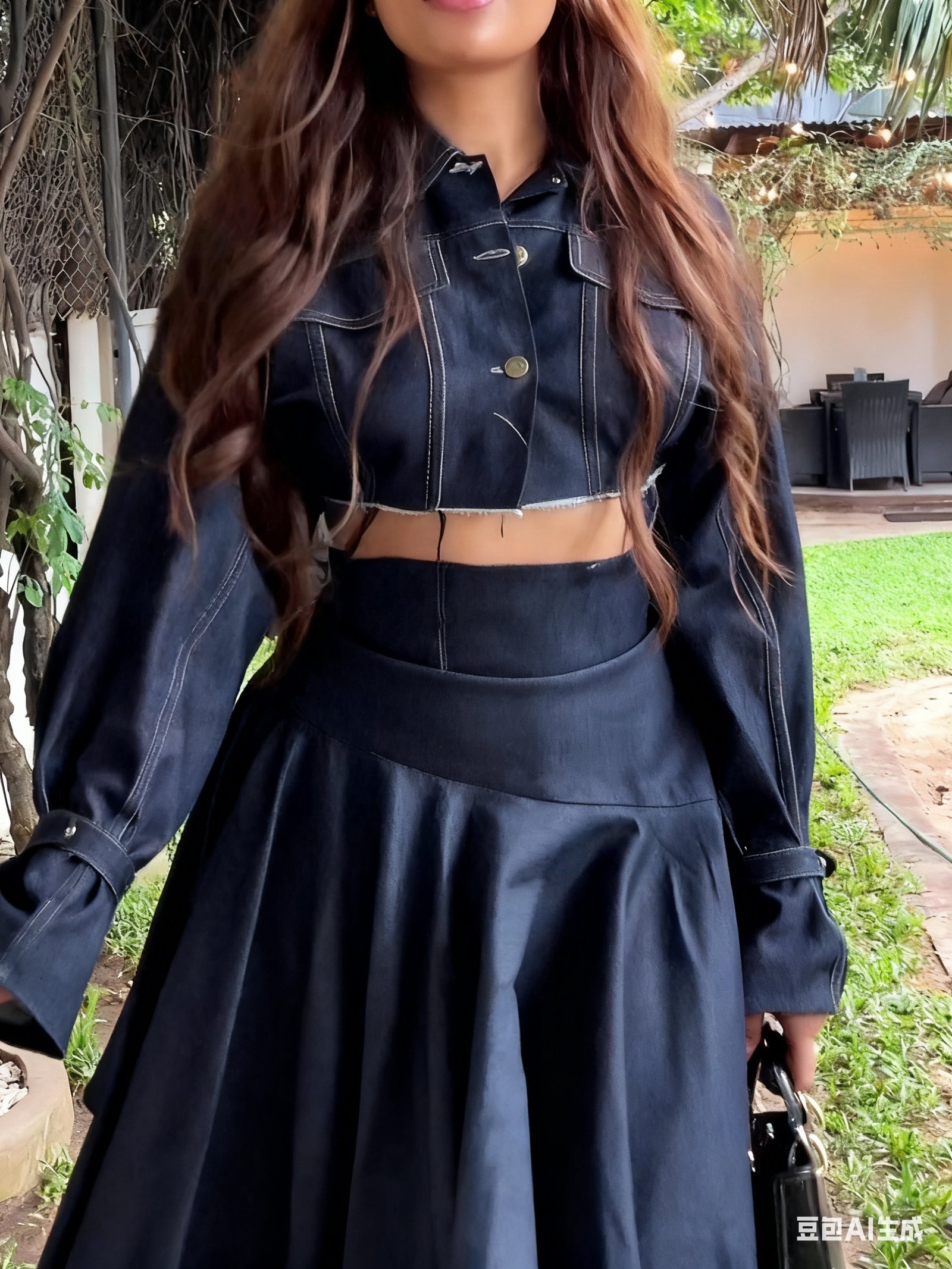 Chic Long-sleeved Cropped Jacket & Irregular Hem Denim Skirt Set - Image 2