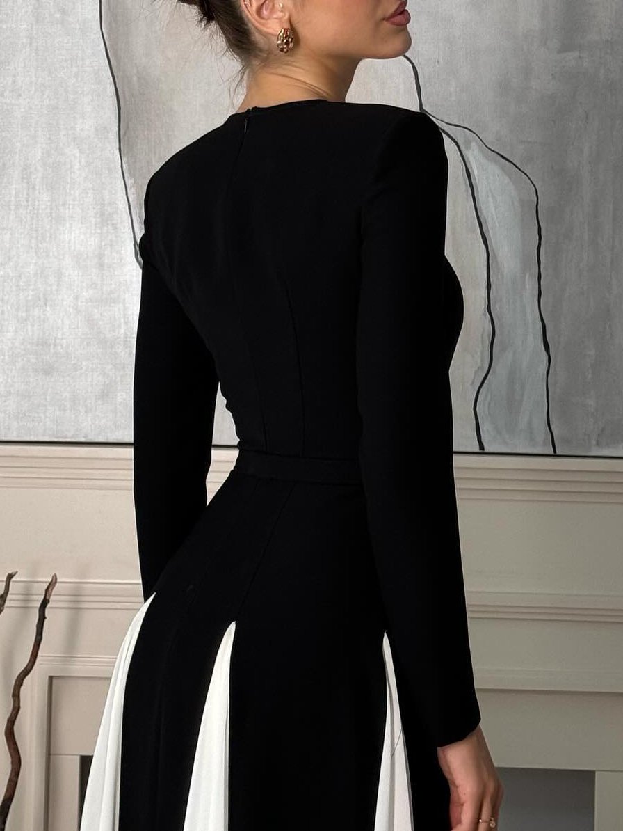 Sling Black & White Patchwork Long Sleeves Maxi Dress - Image 4