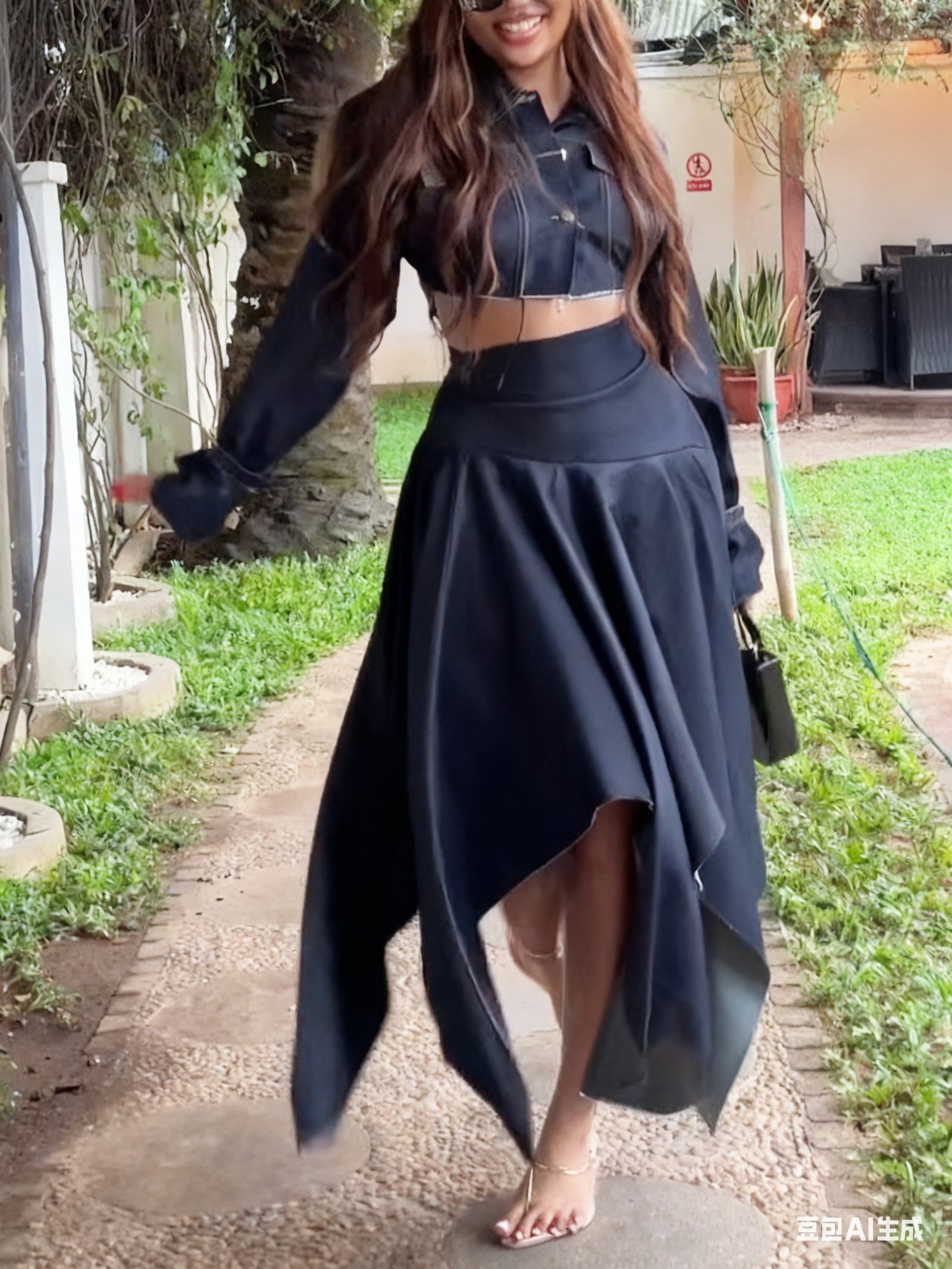 Chic Long-sleeved Cropped Jacket & Irregular Hem Denim Skirt Set - Image 3