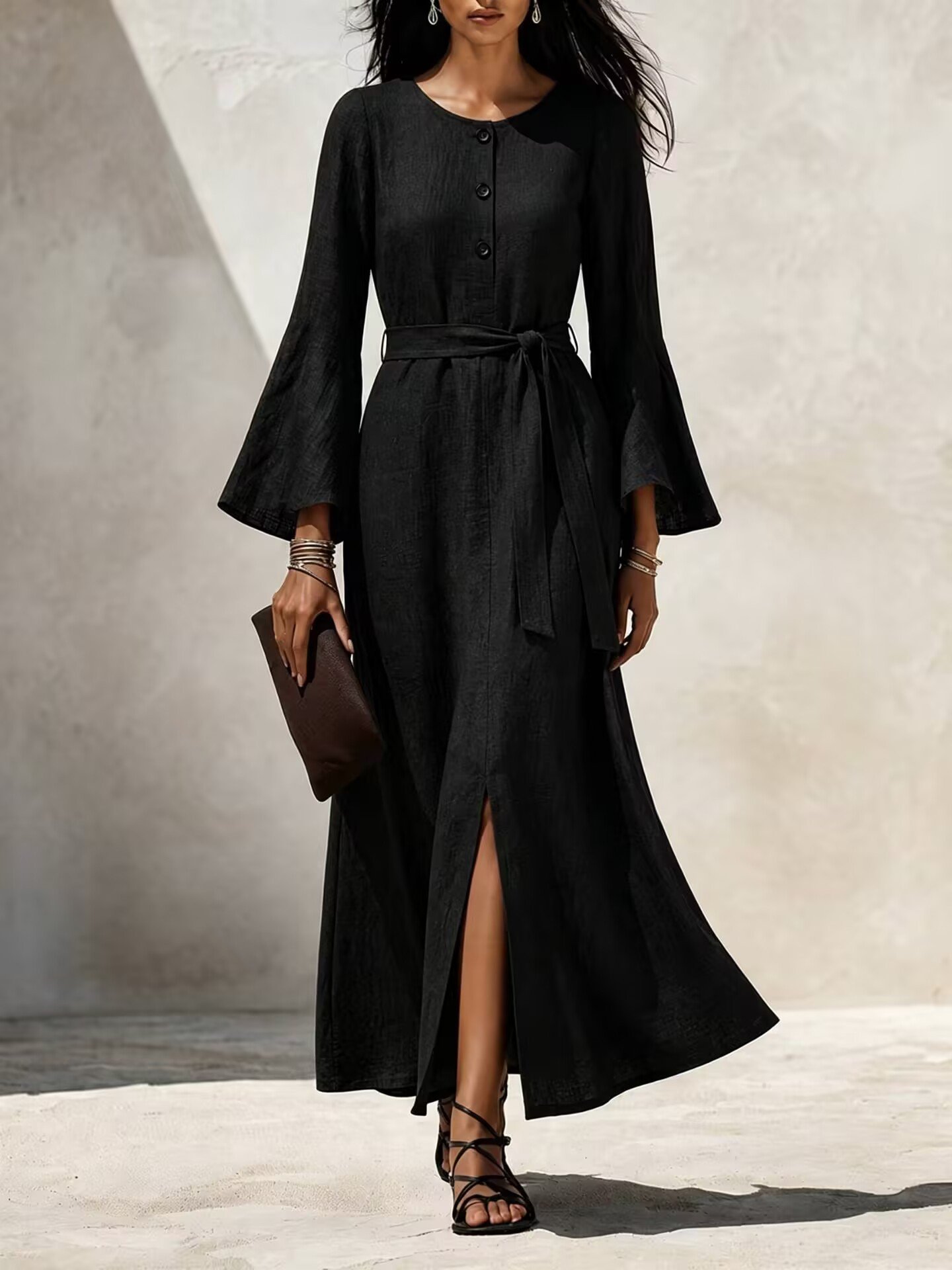 Womens Casual Cotton-linen Dress With Flared Sleeves - Image 9