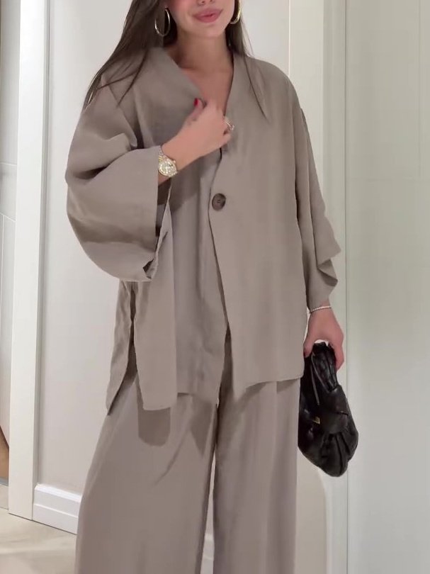 Solid Color Single Button Top And Pants Set - Image 2