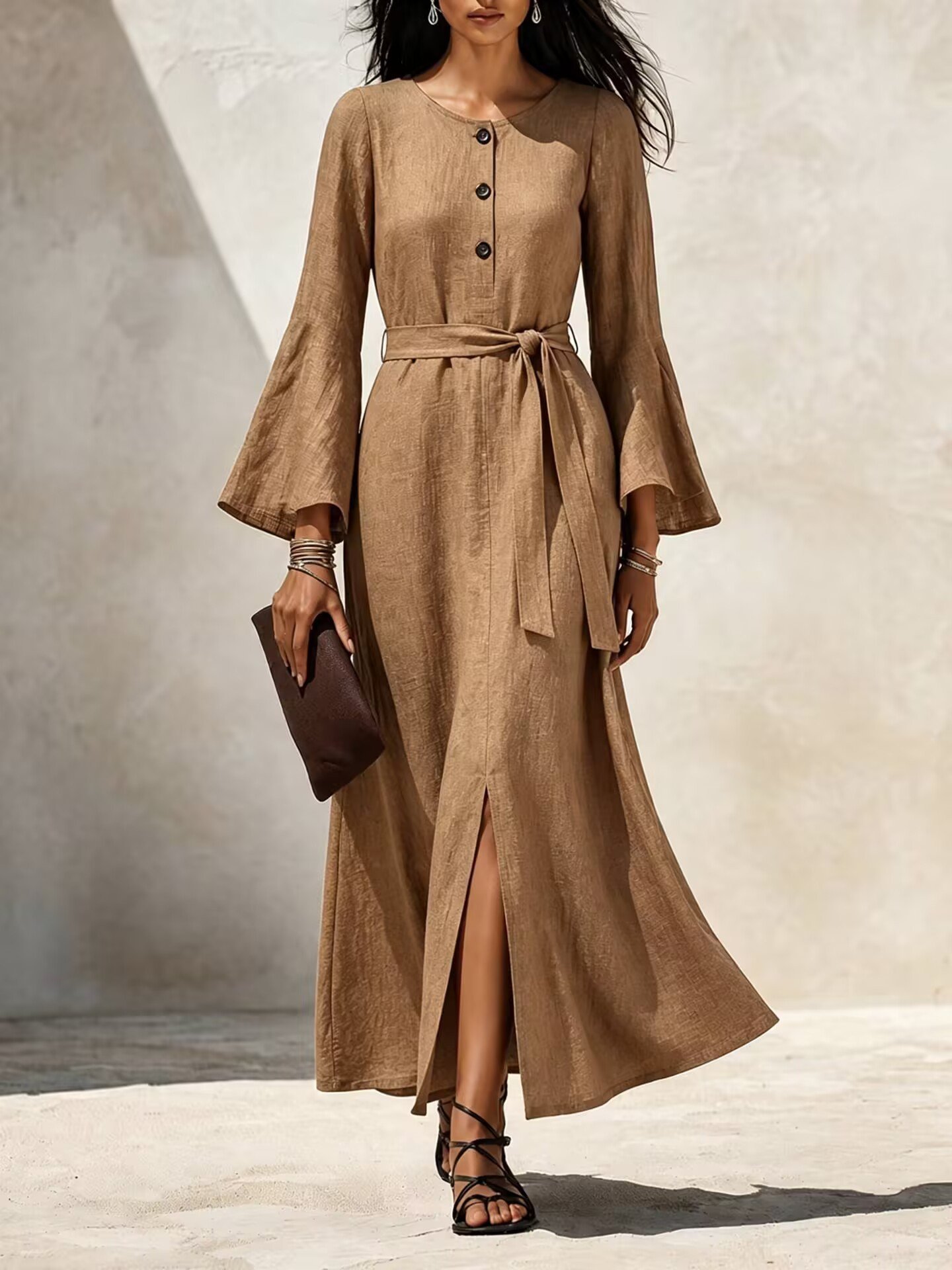 Womens Casual Cotton-linen Dress With Flared Sleeves - Image 6