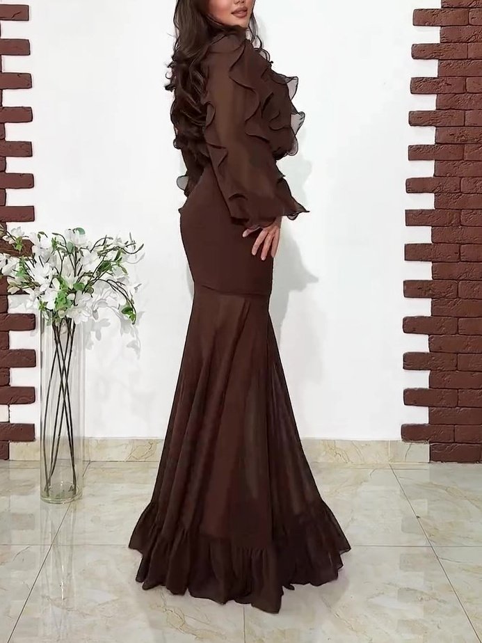 Dark Brown Ruffled Chiffon Blouse & Sheer Mermaid Maxi Skirt 2-Piece Set - Image 5