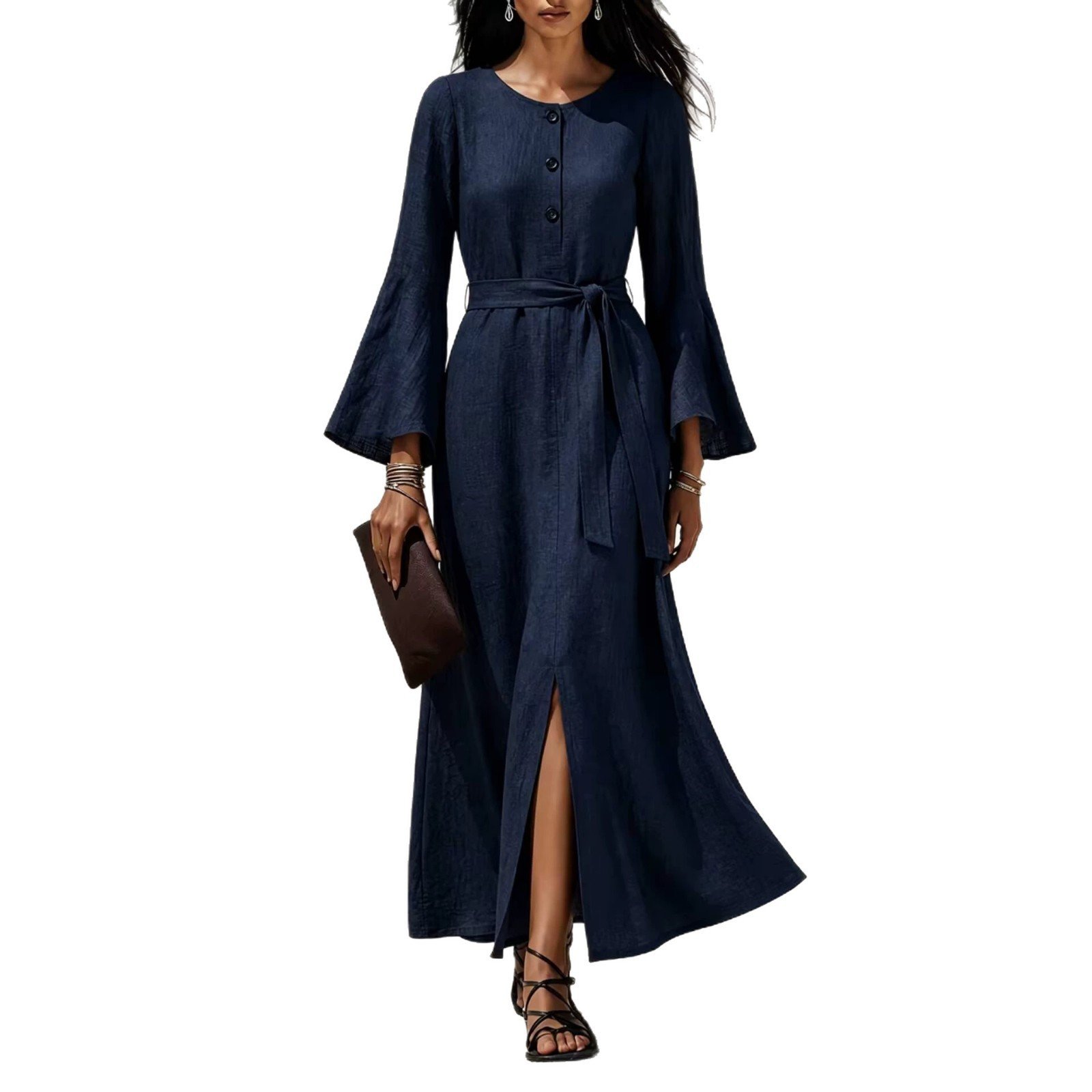 Womens Casual Cotton-linen Dress With Flared Sleeves - Image 2