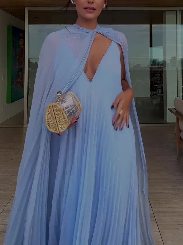 Light Blue Pleated Maxi Dress & Cape Two-piece Set - Image 7