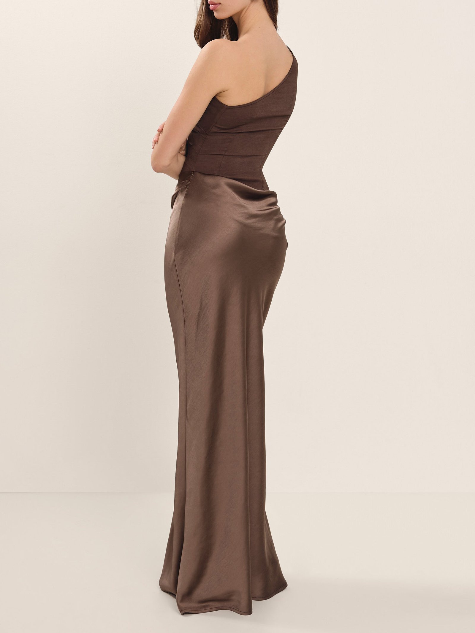 Brown One Shoulder Paneled Satin Dress - Image 3
