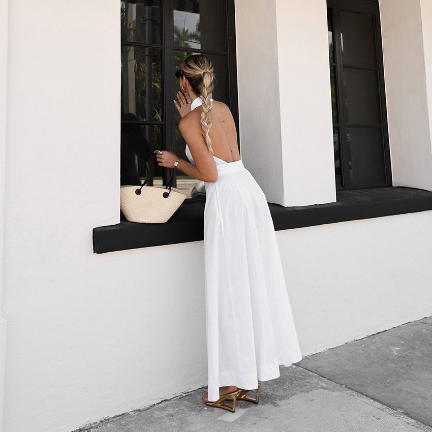 White Cotton Sleeveless Halter Dress - Image 8