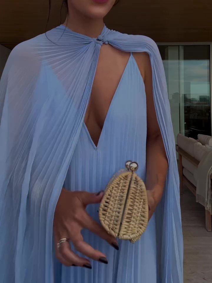 Light Blue Pleated Maxi Dress & Cape Two-piece Set - Image 2
