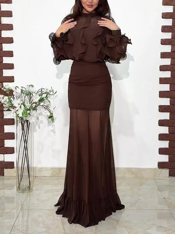 Dark Brown Ruffled Chiffon Blouse & Sheer Mermaid Maxi Skirt 2-Piece Set - Image 4