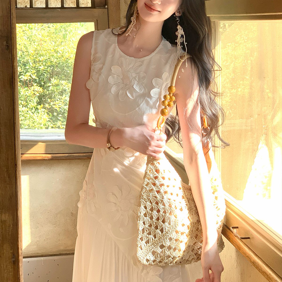 Vacation And Resort Outfit 3D Embroidered Sleeveless Dress For Women - Image 4