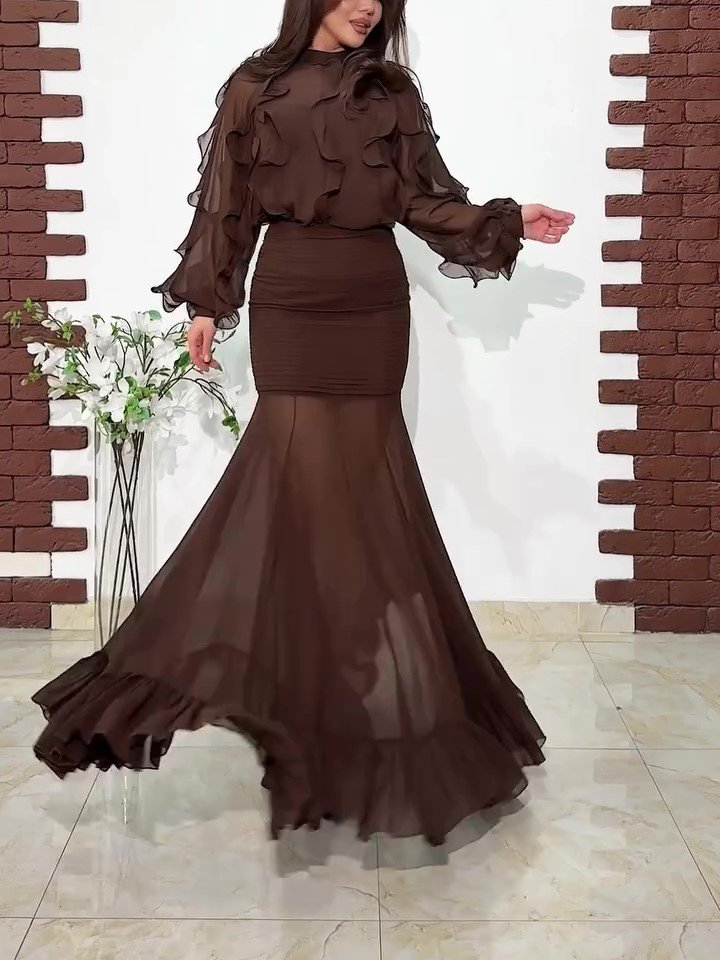 Dark Brown Ruffled Chiffon Blouse & Sheer Mermaid Maxi Skirt 2-Piece Set - Image 2