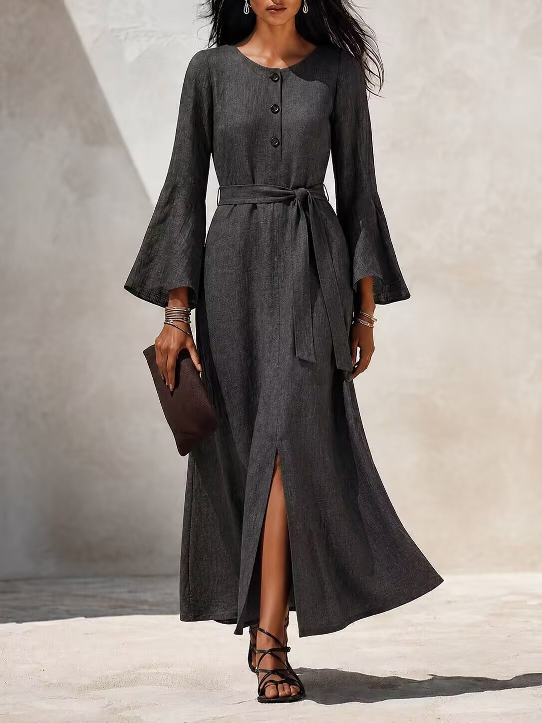 Womens Casual Cotton-linen Dress With Flared Sleeves - Image 10