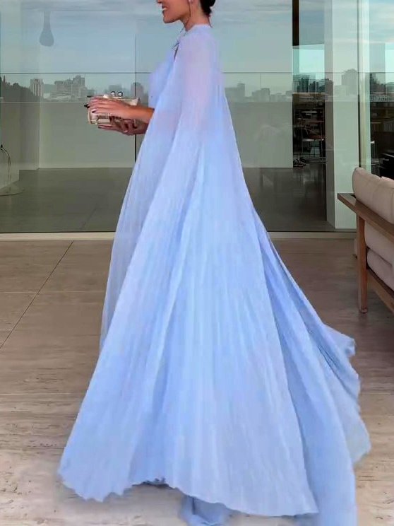Light Blue Pleated Maxi Dress & Cape Two-piece Set - Image 8