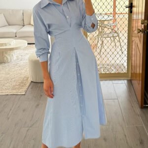 Blue Striped Single-breasted Shirt Dress